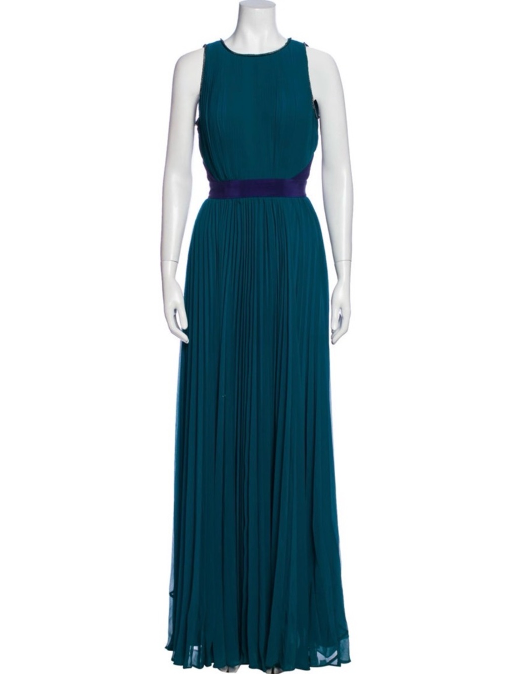 Halston Two-Tone Pleated Maxi Dress in Deep Teal and Purple